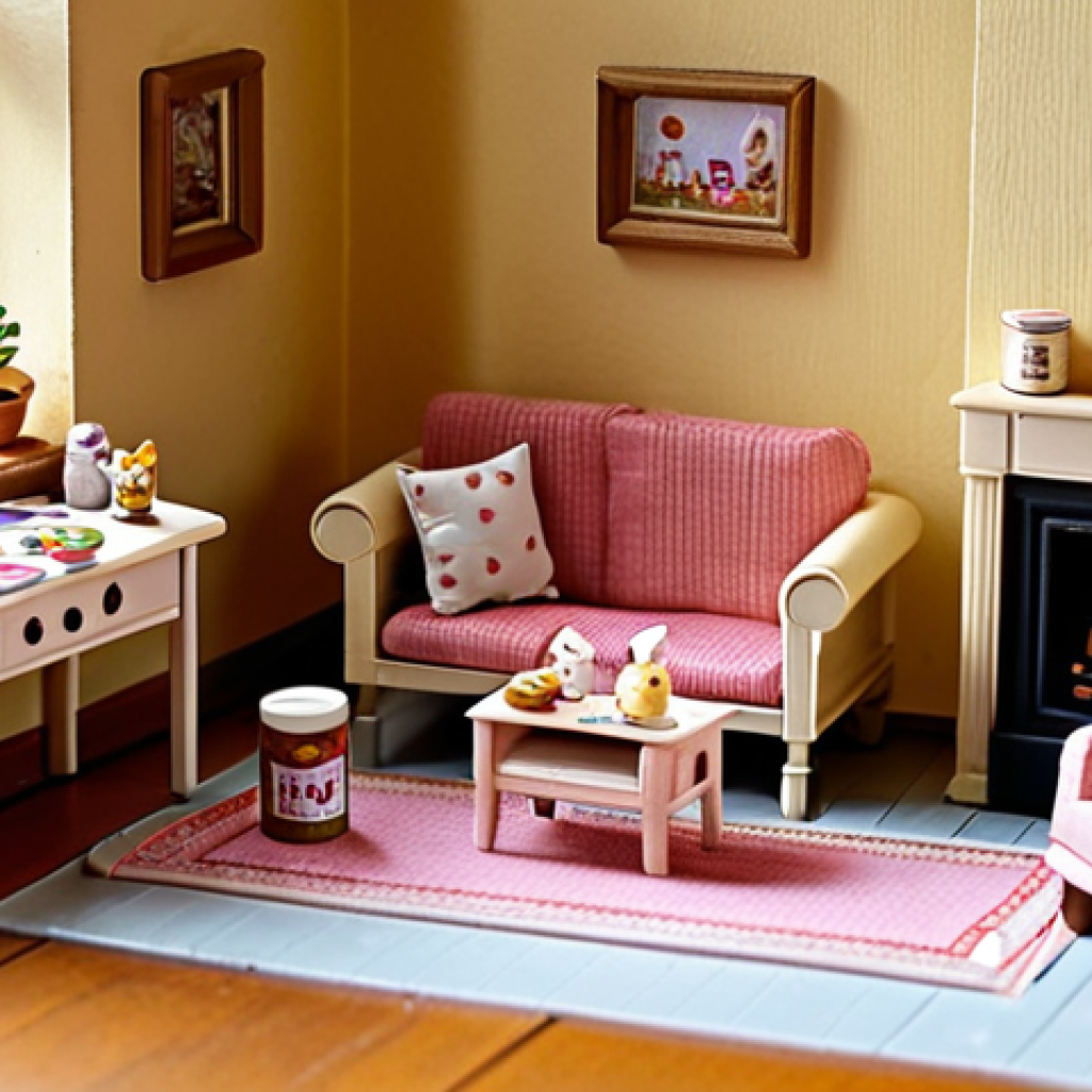**Sylvanian Families DIY House Interior:** Cozy, miniature Sylvanian Families living room. Handmade furniture crafted from cardboard and fabric scraps. Paint cans and craft supplies scattered around, indicating a work in progress. A child's hands visible, carefully painting a tiny chair. Warm, inviting lighting. Style: Whimsical, DIY, slightly messy, Dutch "gezellig" atmosphere.