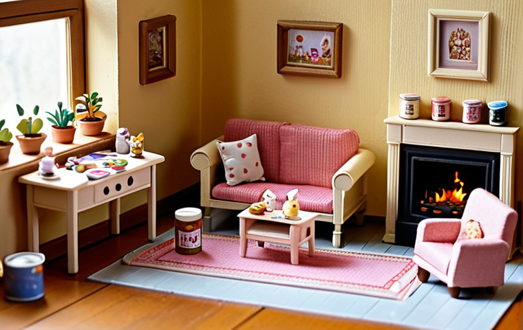**Sylvanian Families DIY House Interior:** Cozy, miniature Sylvanian Families living room. Handmade furniture crafted from cardboard and fabric scraps. Paint cans and craft supplies scattered around, indicating a work in progress. A child's hands visible, carefully painting a tiny chair. Warm, inviting lighting. Style: Whimsical, DIY, slightly messy, Dutch "gezellig" atmosphere.